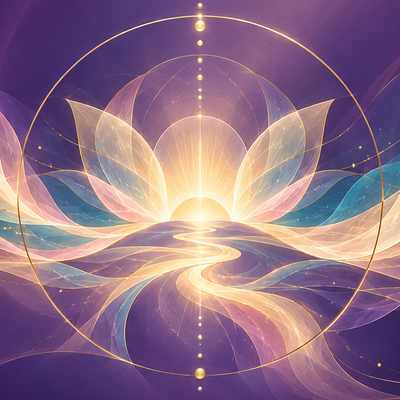 A luminous lotus of pastel petals and fine gold lines inside a gold ring, on deep violet